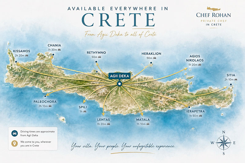 Carte de la Crète montrant les principales villes et zones desservies par Chef Rohan